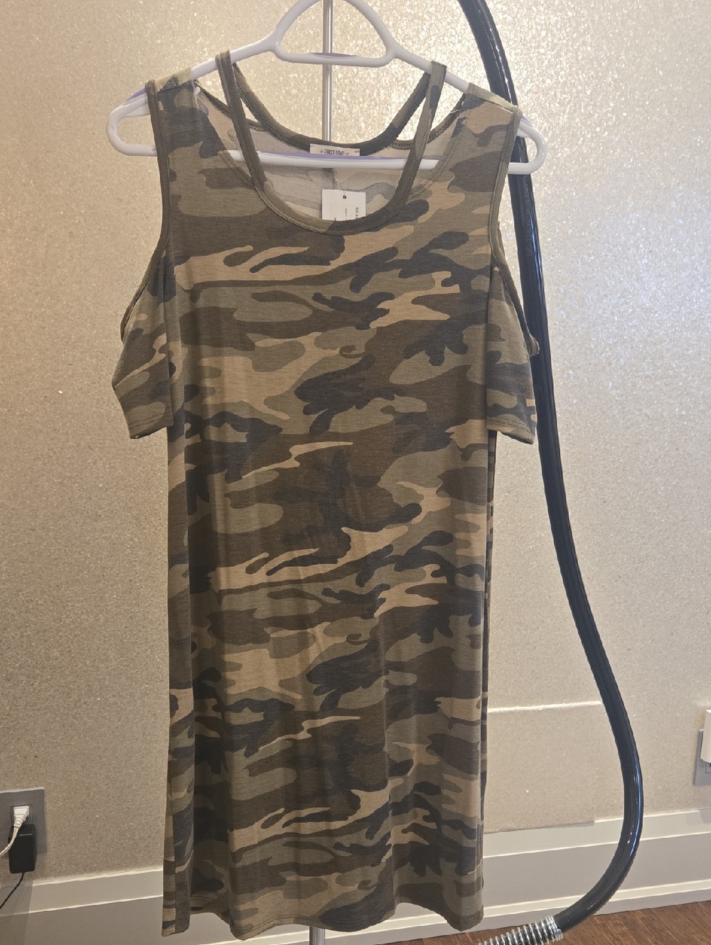 First Love Olive Green Camo Cold-Shoulder Dress
